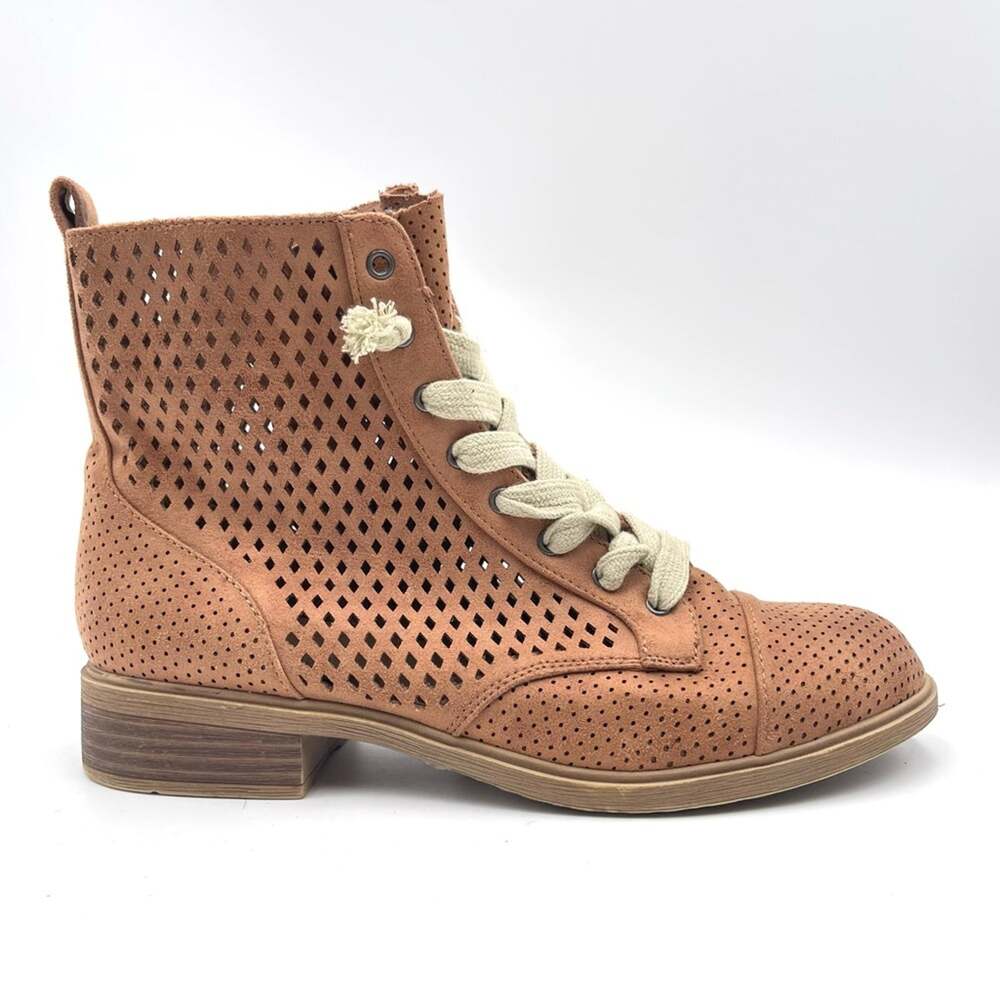 Report Hagen tan patent perforated block heel ankle boots Women's Size US 8
